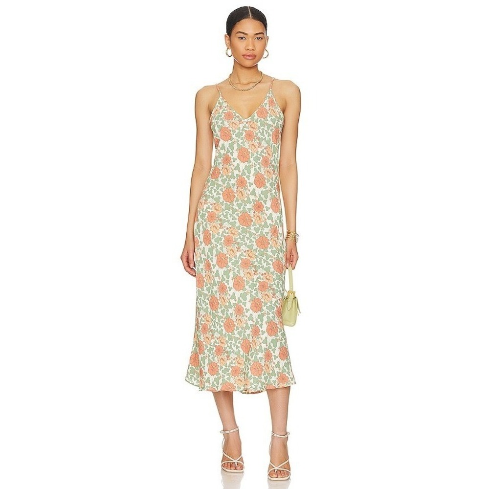 $139 Rolla's Margaux Slip Dress Peach Floral V-Neck Midi Women Size Large Summer